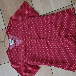 Kathie Lee Collections, red polka dot buttoned down blouse, V-neck, size S
